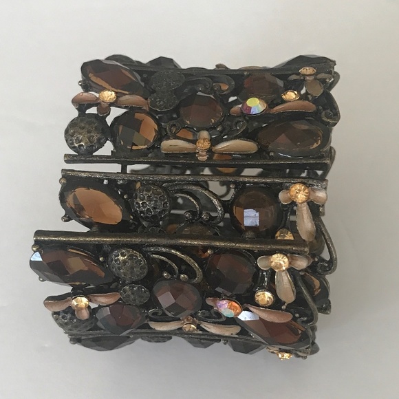 Rare Find! Handcrafted Brass 7 Panel Hinged 2” Cuff Bracelet Topaz Color Stones - Picture 10 of 10